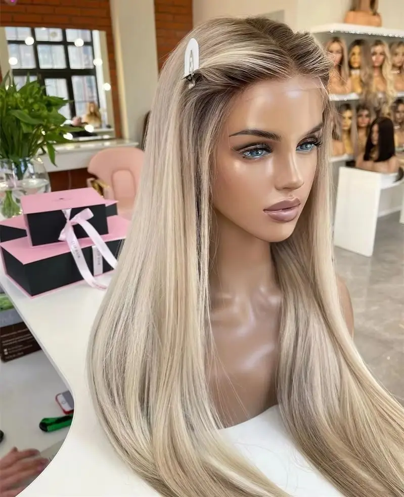 Ombre Icy Paltinum Blonde Straight Synthetic and blend Lace Front Wig with Roots Original Factory Cheap Wigs On Clearance Sale