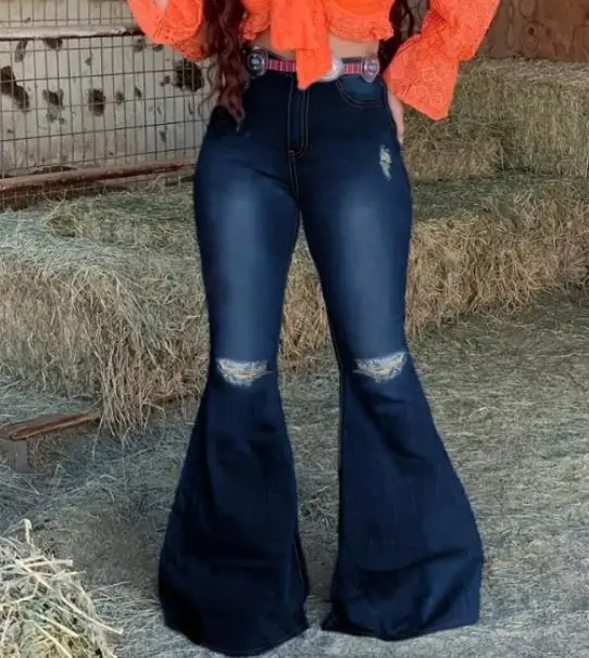 2025 가을 신상 솔리드 컬러 하이웨이스트 샌드블라스트 홀 디자인, 빅 벨 바텀 팬츠, 여성 패션 트렌드 슬림 핏 청바지