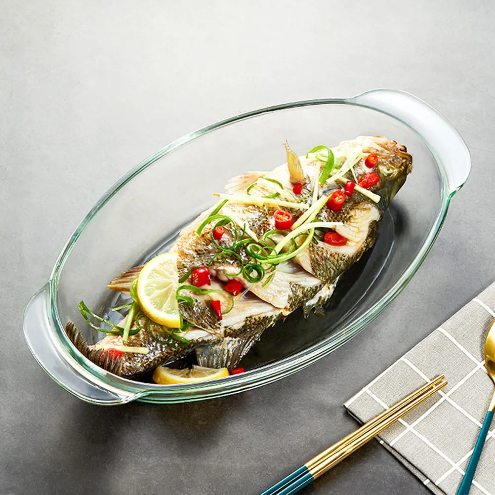 

1 Piece Glass Food Plate Oven Microwave Safe Non Breakable Easy Clean Serving Tray for Dinner Dessert Fruit Salad Barbecue