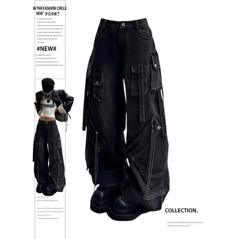 

Женские черные готические мешковатые джинсы-карго Harajuku, джинсовые брюки большого размера Y2k, винтажные брюки 90-х 2000-х годов в стиле эмо, мусорная одежда