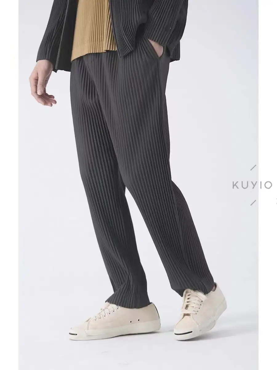Men Japanese Issey MIYAKE Style Pleated Elastic Waist Loose JF150 Wide Leg Straight Casual Pants Streetwear Trousers Daily