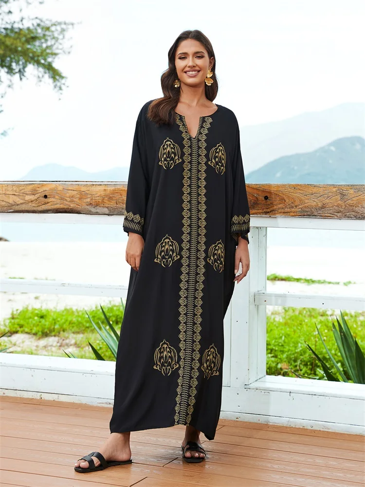 Embroidery Plus Size Long Sleeve Kaftan Beach Dress Bathing Suit Cover Up 2024 Women Summer Beachwear Moo Moo Dress Q1603