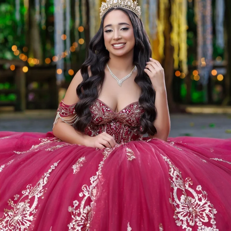 

Burgundy Quinceanera Dress off-shoulder Silvery Glitter Crystal Decal Long tail Big Bow vestidos de 15 Quinceanera ﻿Customize