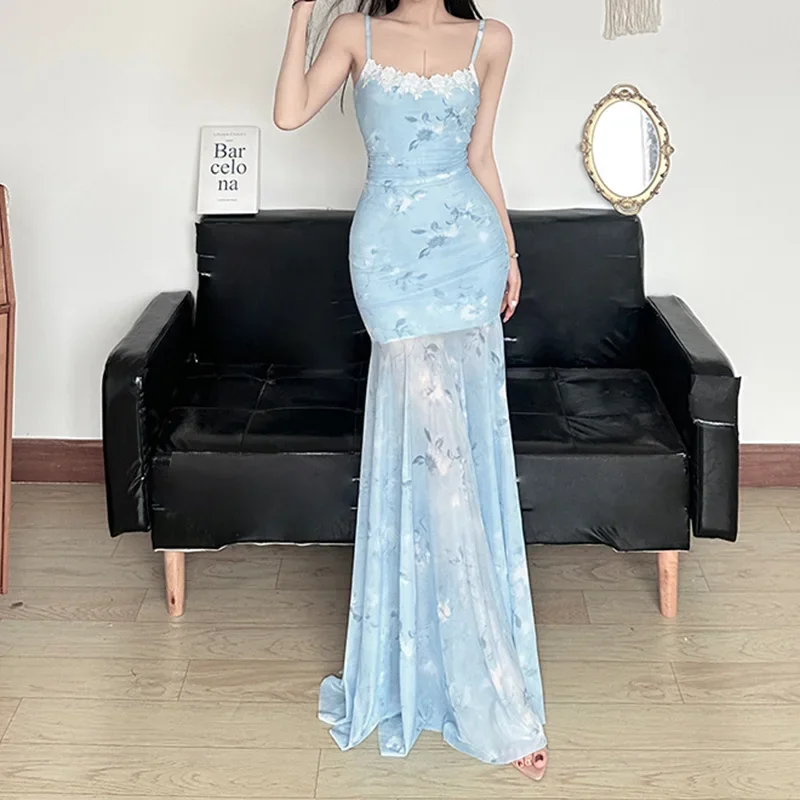 Französisches Kleid für Damen, elegantes, frisches Blumendruckkleid mit U-Ausschnitt, hoher Taille, A-Linie, Netz-Patchwork-Kleid mit Fischschwanzrock im Feenstil