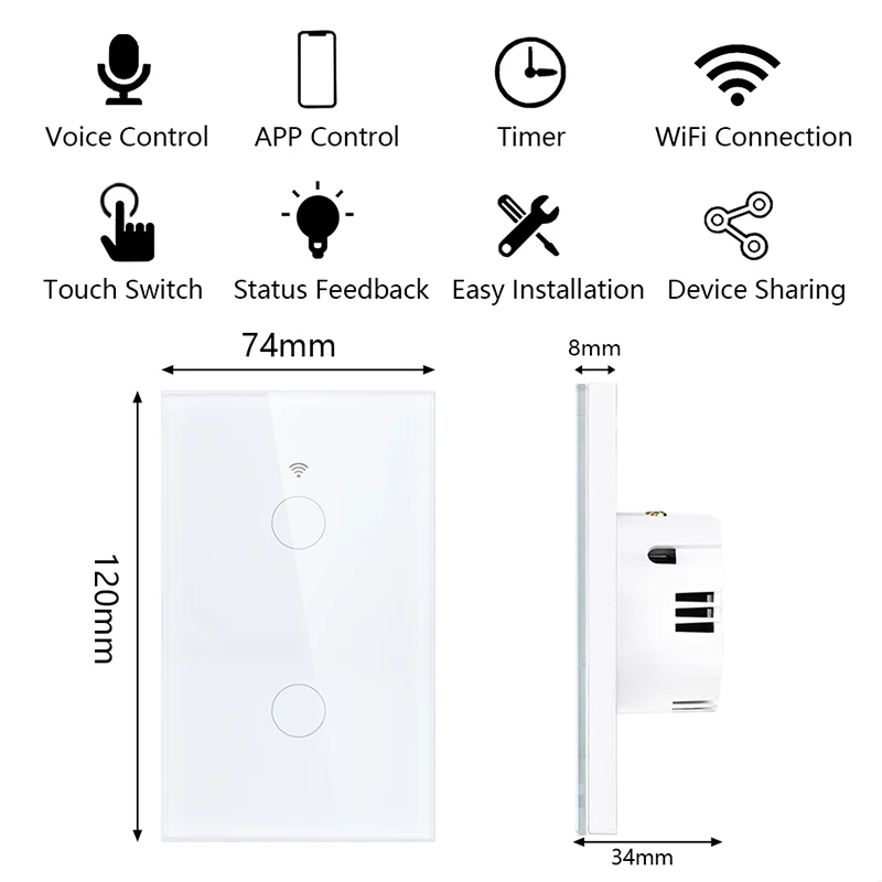 UNKAS-Tuya Smart Life Light Switch, WiFi Touch Sensor, 110V, 220V, Télécommande, Pas de fil de melon, Alexa, Google Home