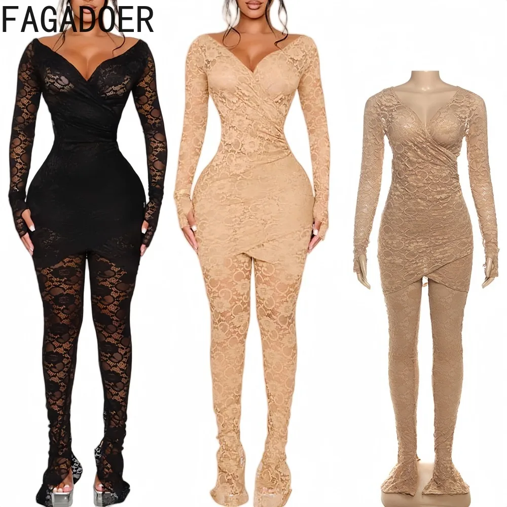 

FAGADOER Sexy See Through Bodycon Jumpsuits Women Deep V-neck Long Sleeves Backless Rompers Female Streetwear Overalls 2025 New