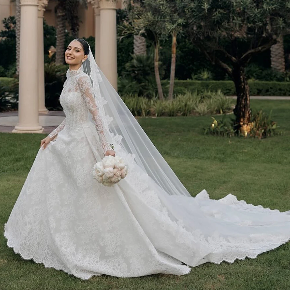 

Lace Wedding Dresses High Neck Long Sleeve A Line Women Bride Dress Elegant Sweep Train Bridal Gown Customized robe de mariée