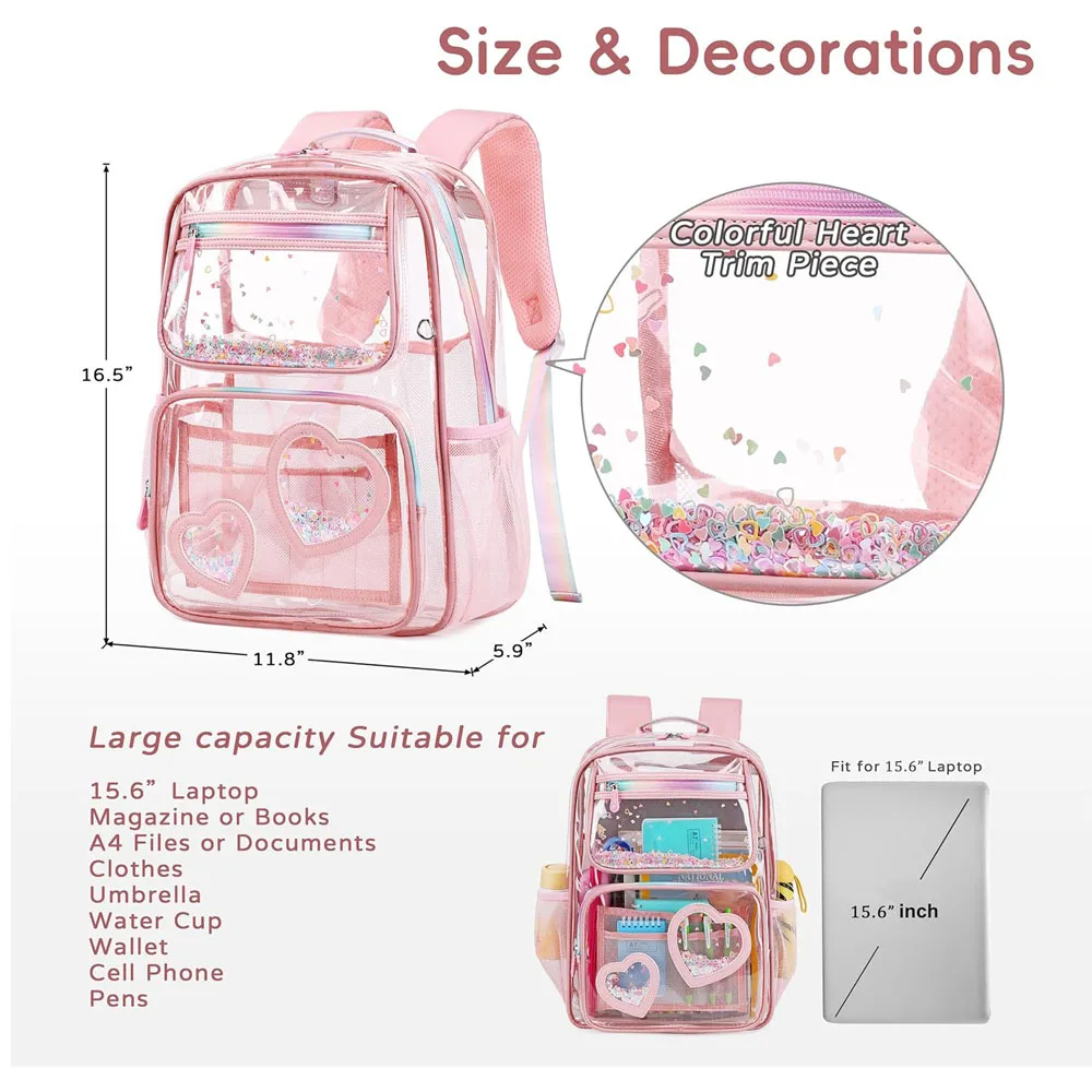 Clear Backpack for Girls Women Transparent Kids Elementary College School Bag Travel Laptop Backpacks Large Bookbags (Pink)