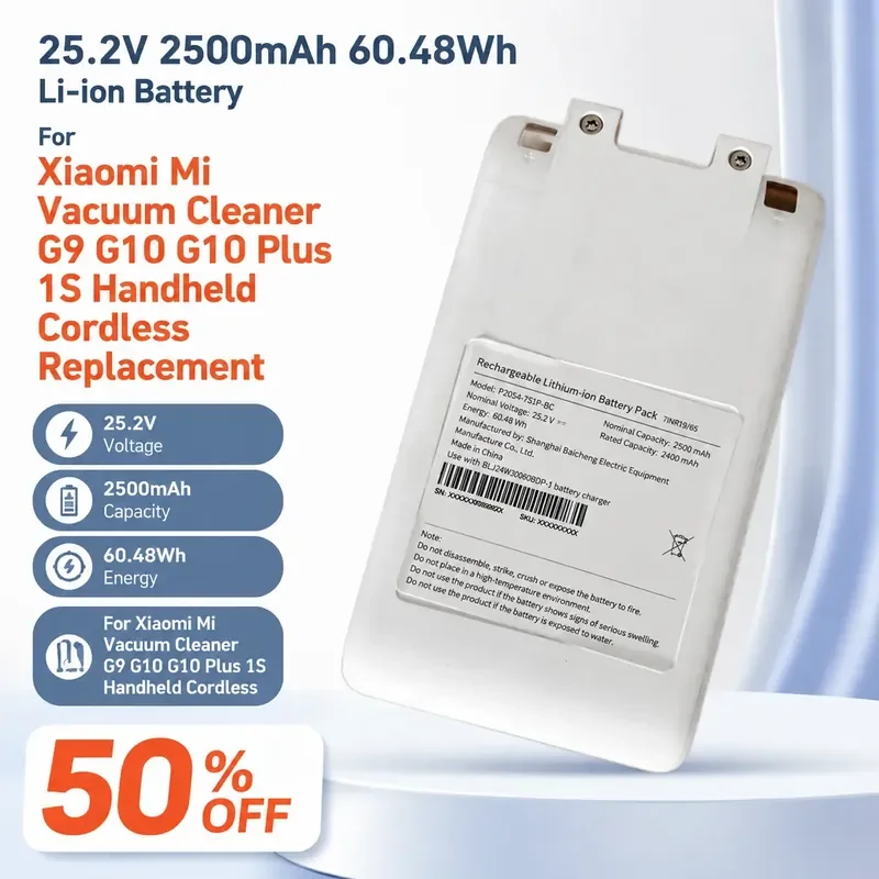 

25.2V 2500mAh 60.48Wh Li-ion Battery For Xiaomi Mi Vacuum Cleaner G9 G10 G10 Plus 1S Handheld Cordless Replacement