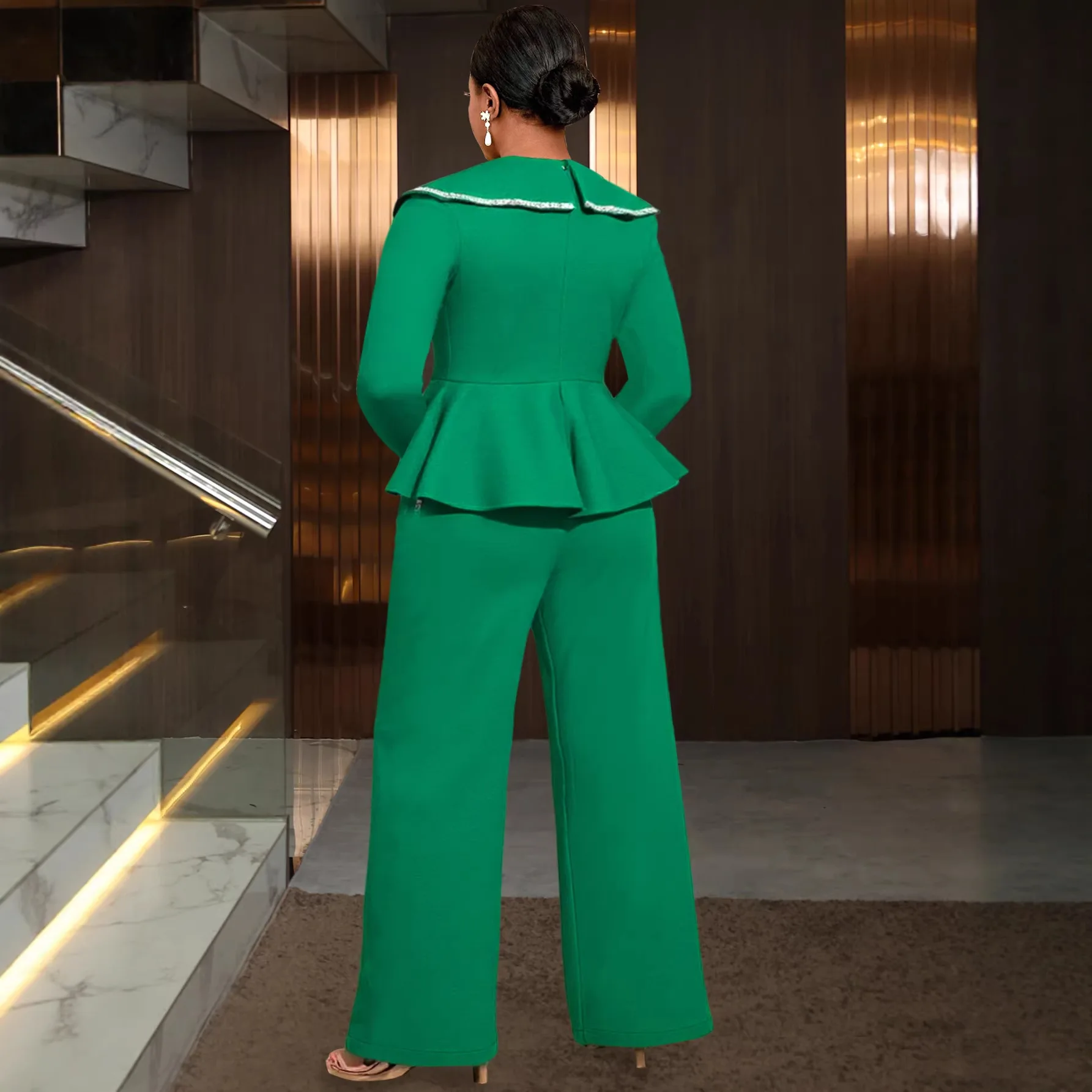 Plus-size Women's Office Lady Embellished Ruffle Suit, Long-sleeved, Waist-cinching, Slimming, Elegant, Suitable For Banquets An