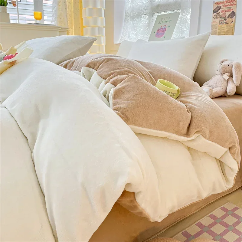 New Simple Milk Velvet Warm Bedding Set Winter Soft Comfortable Queen Duvet Cover Set Warmth Coral Fleece Quilt Cover Sets Cozy