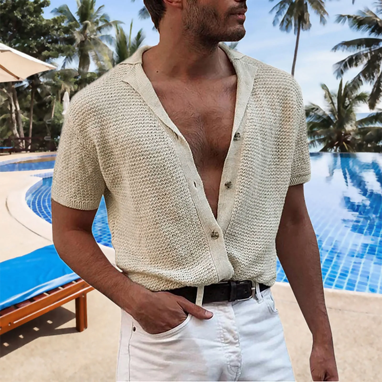 

Gentleman Solid Knitted Cardigan Shirts Spring Summer Men's Lapel Poloshirt Thin Short Sleeve Sexy V Neck Buttons Male Clothing