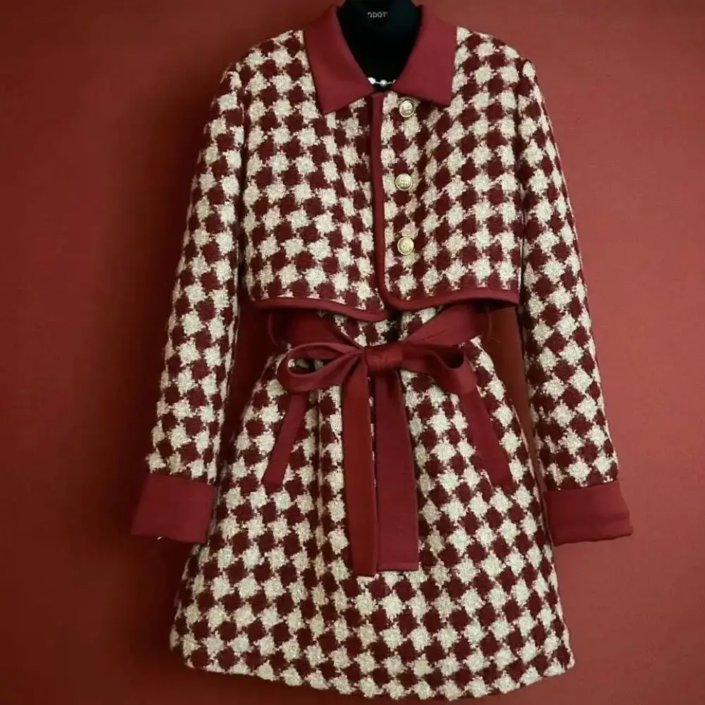 Women Christmas Plaid Wool Suit Jacke Coat Top And Sleeveless Dress Two Piece Set Mtching Outfit Winter Elegant Party Clothing