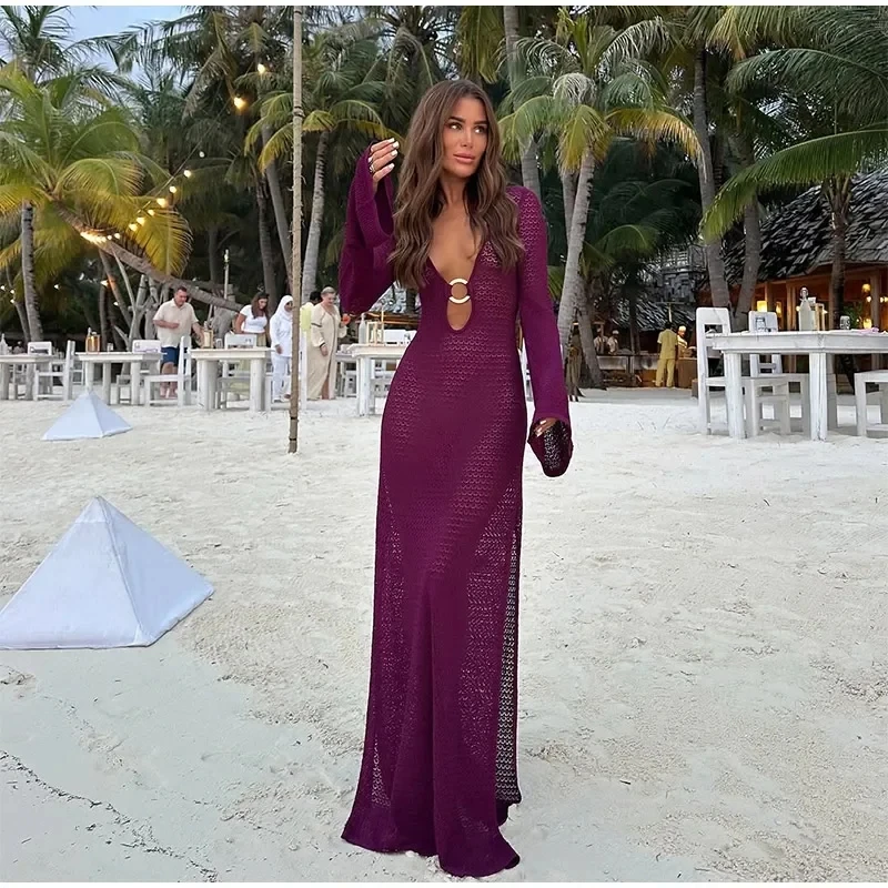 

Women’S Sexy Hollow Out Metal Ring Buckle Splicing Knit Maxi Dress Chic Full Sleeve Slim Long Dresses Lady Beach Party Robes