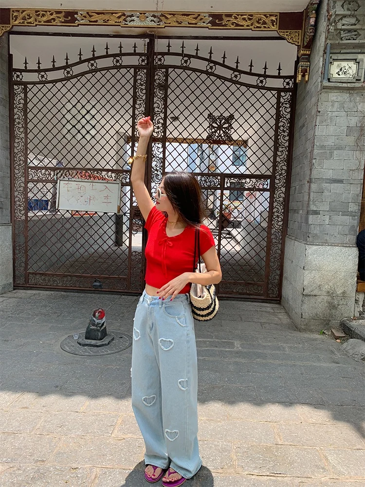 Haut tricoté en soie glacée rouge ort Sve pour femmes, coupe cintrée, coréen, pour les déplacements, conception de nœud Faion, été, nouveau...