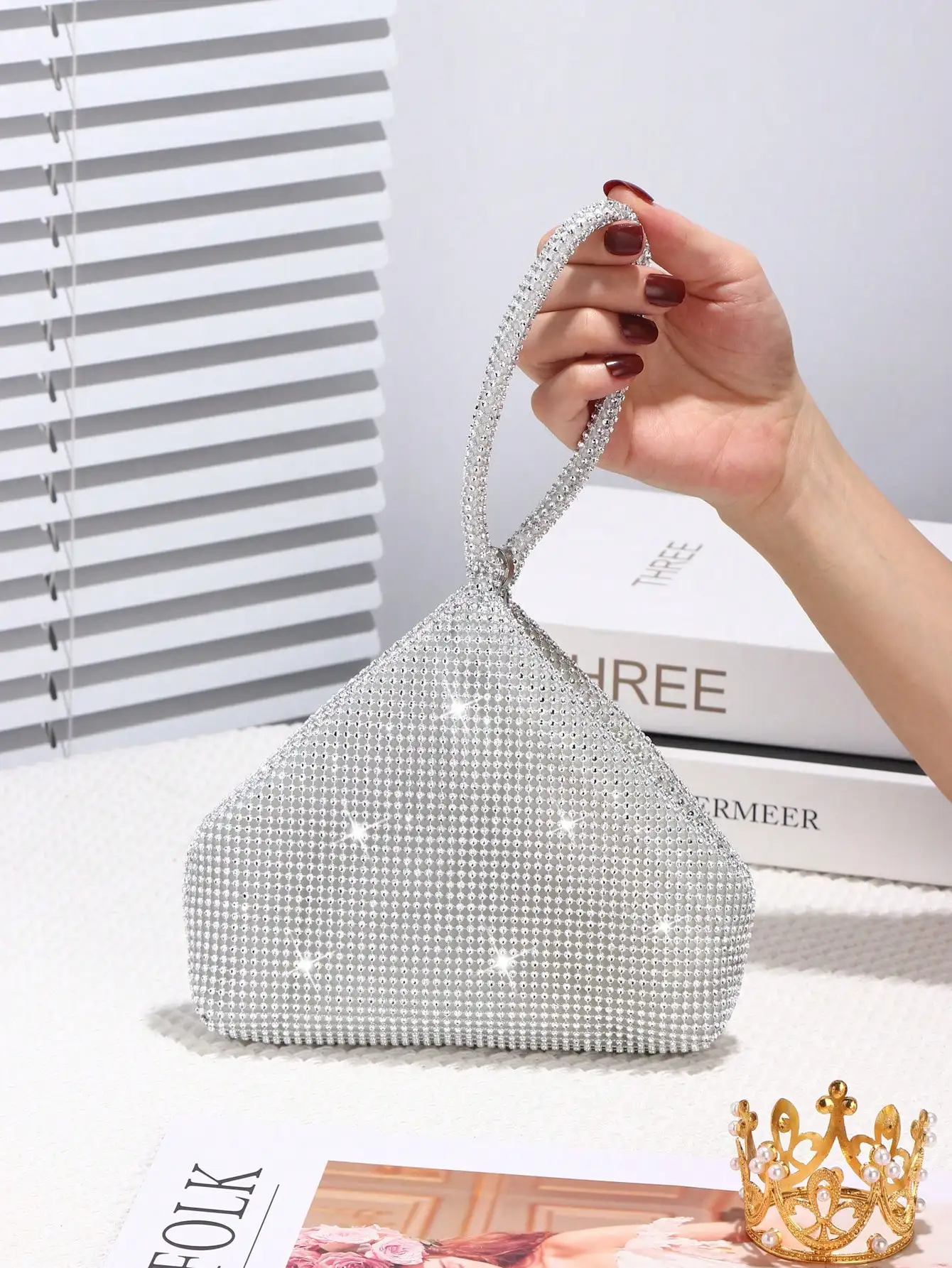 

Sparkling Rhinestone Top-Handle Clutch Bag with Detachable Strap for Evening Events