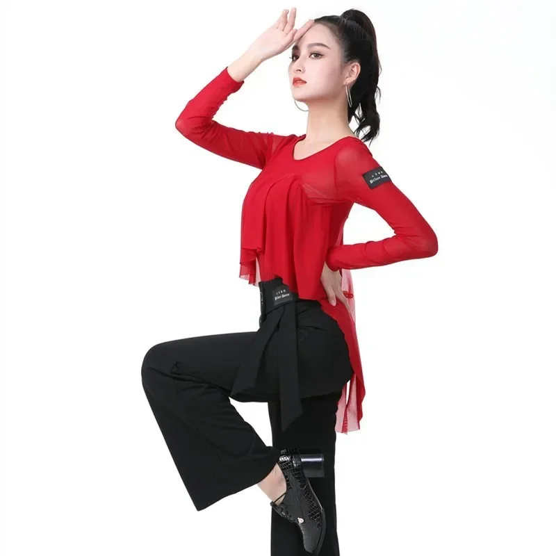 

Gitba mesh long sleeved elastic breathable ballroom top standard fringe dance costume