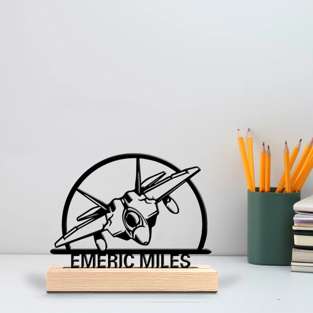 1pc Abstract plane Custom Text Metal Statue Iron Ornament Handicraft With Wood Base Iron Ornament Office Desk