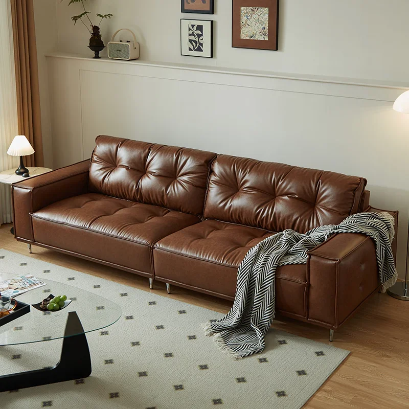 

Retro Oil Wax Leather Sofa Set Light Luxury Minimalist Small Apartment Straight Row 3 Seater Living Room Sofa Furniture