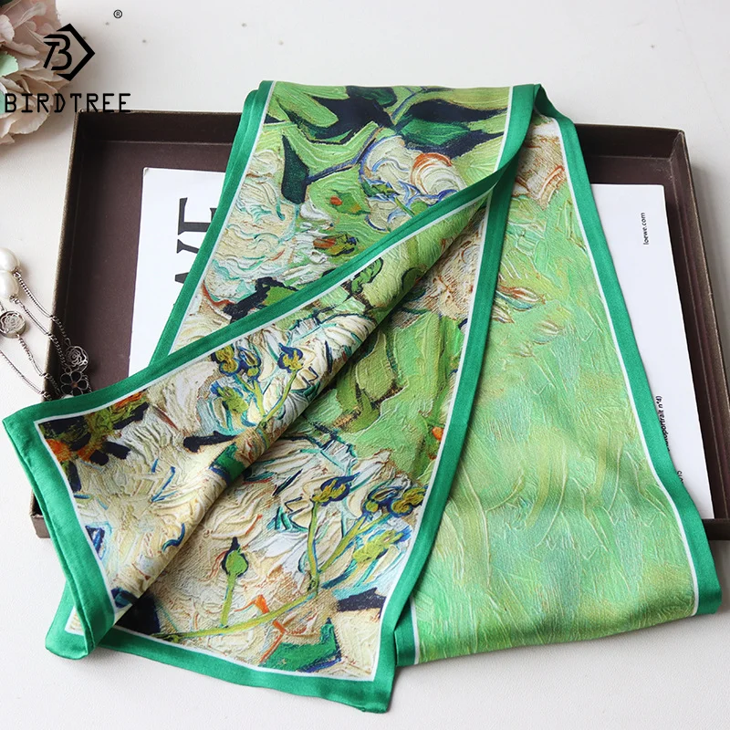 

Birdtree 100%Real Silk Floral Print Scarf Women 2024 Spring Autumn Fashion Luxury Scarf Mom's Gift Long Ribbon A41146QM