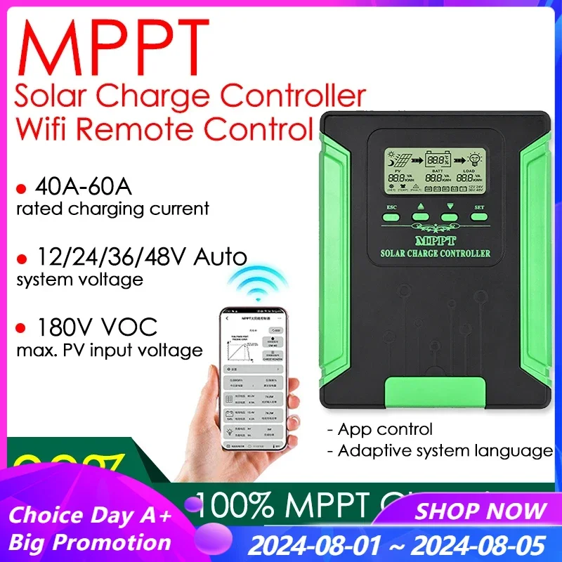 

Wifi MPPT Solar Charge Controller 60A 50A 40A 12V/24V/36V/48V Auto Max Solar Input 190VDC Solar Panel Charger Regulator LCD