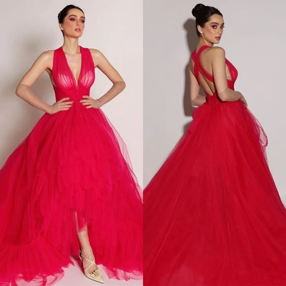 

High Quality Customized V-neck Floor Length Red Long Dresses Tulle Backless Sleeveless Elegant Dress Women for Wedding Party