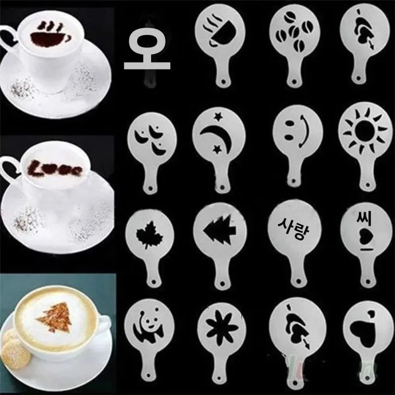 16Pcs Coffee Milk Barista Cappuccino Stencil Mold Cupcake Stew Pad Duster Spray Tools Cake Decorating Templates