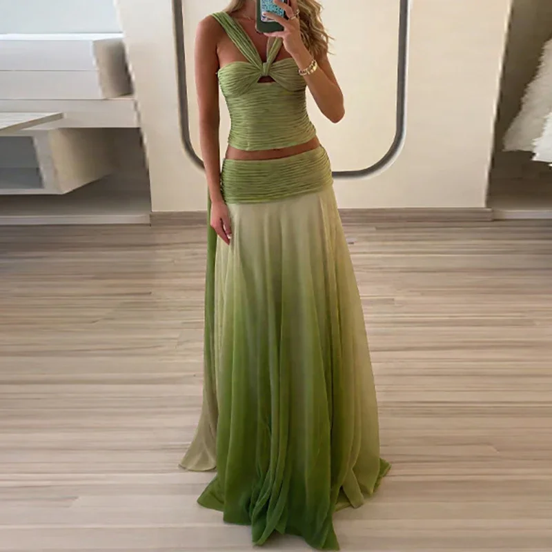Nice Fashion Gradient Off Shoulder Women's Outfits Leisure Backless Holiday Set New Summer Sleeveless Top + Pleated Skirt Party