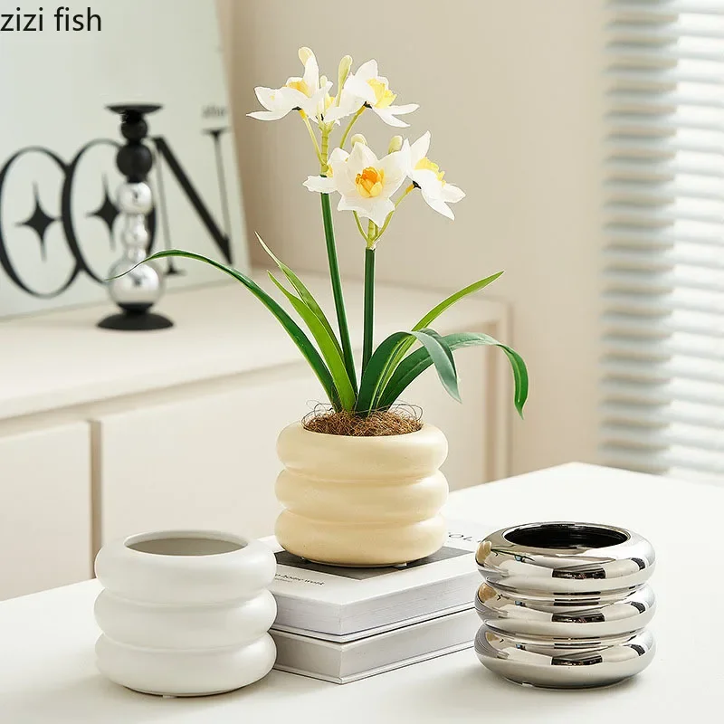 Solid Color Creative Donut Ceramic Flower Pot Tabletop Ceramic Ware Flower Green Plant Succulent Vessel Aesthetic Decoration