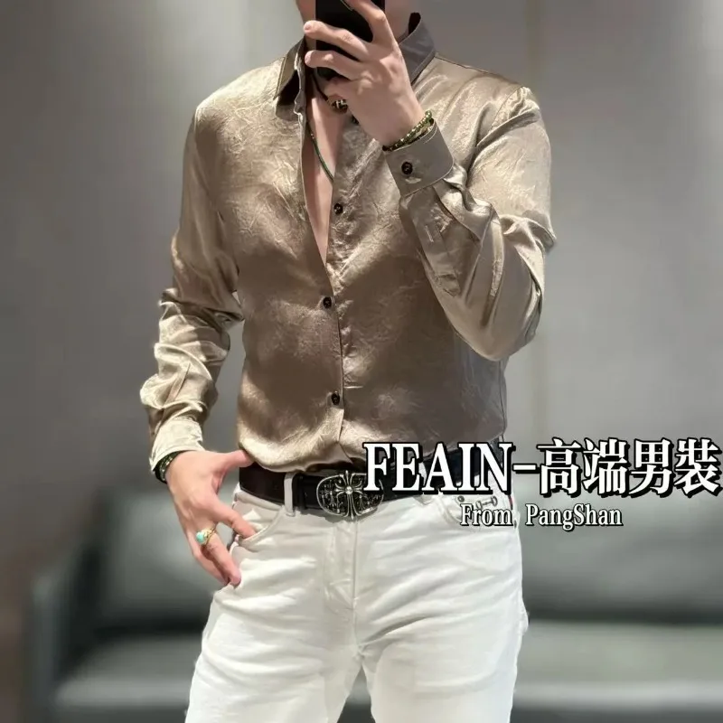 Men's Golden Satin Long-Sleeve Shirt Lapel Collar Glossy Silk-Like Casual Dress Shirt For Party And Streetwear