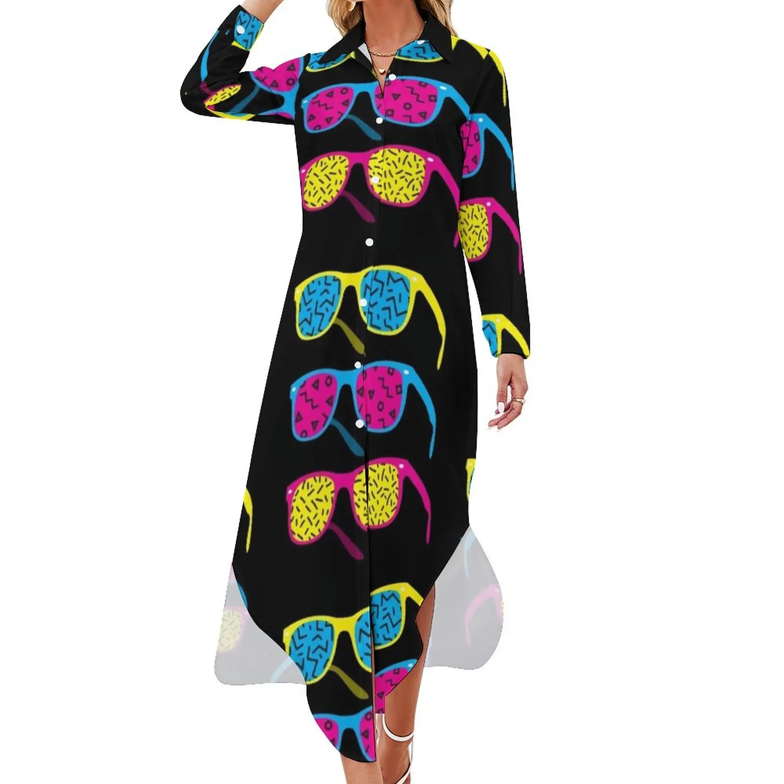 Retro Hipster 80's 1980s Glasses: Costume & Casual Long Sleeved Shirt Dress clothes beach dresses