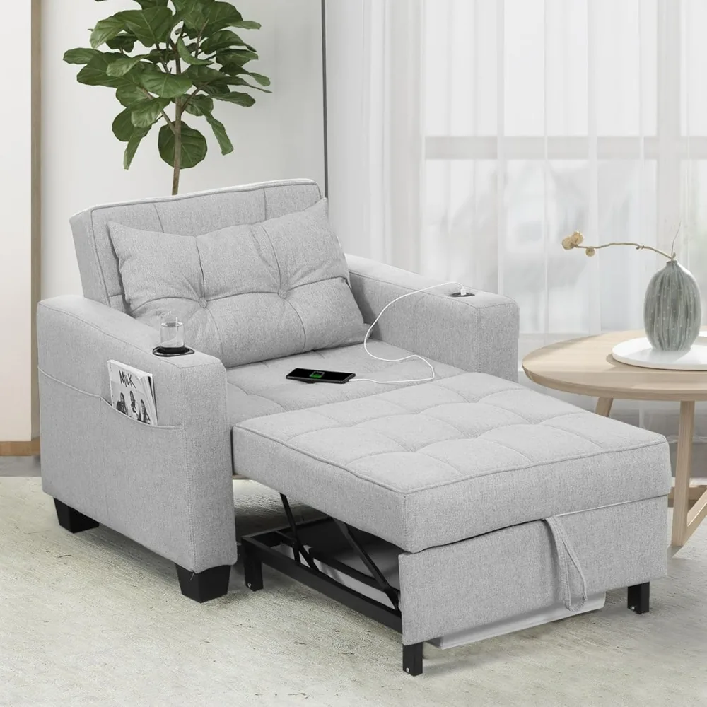 39 inch recliner 3-in-1 convertible chair bed pull-out recliner with USB port, side pockets, cup holder (light gray linen)