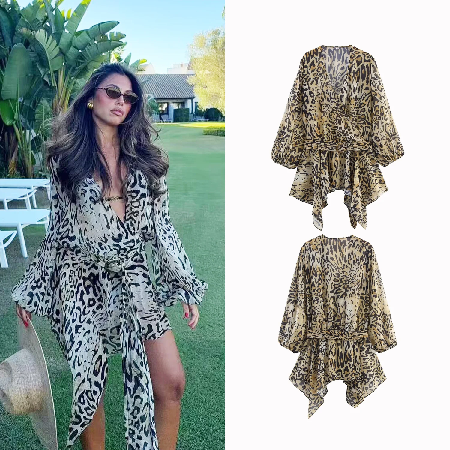 

Women Stain Leopard Printed Blouse Spring Autumn 2025 Fashion Asymmetrical Tops Retro Deep V-Neck Women's Long Sleeved Blouse