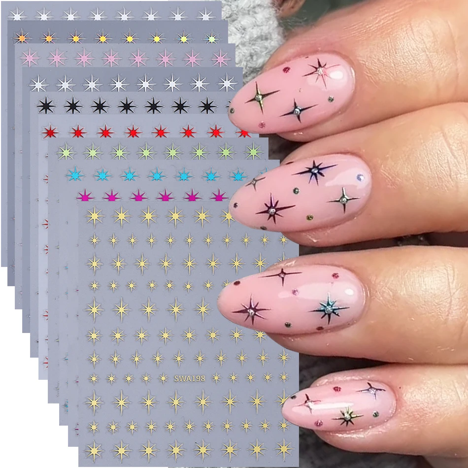 

10 цветных бронзовых наклеек для ногтей в стиле Y2K: золотые, серебряные, розовые, с лазерным узором в виде звезд, самоклеящиеся, для DIY маникюра и декора.