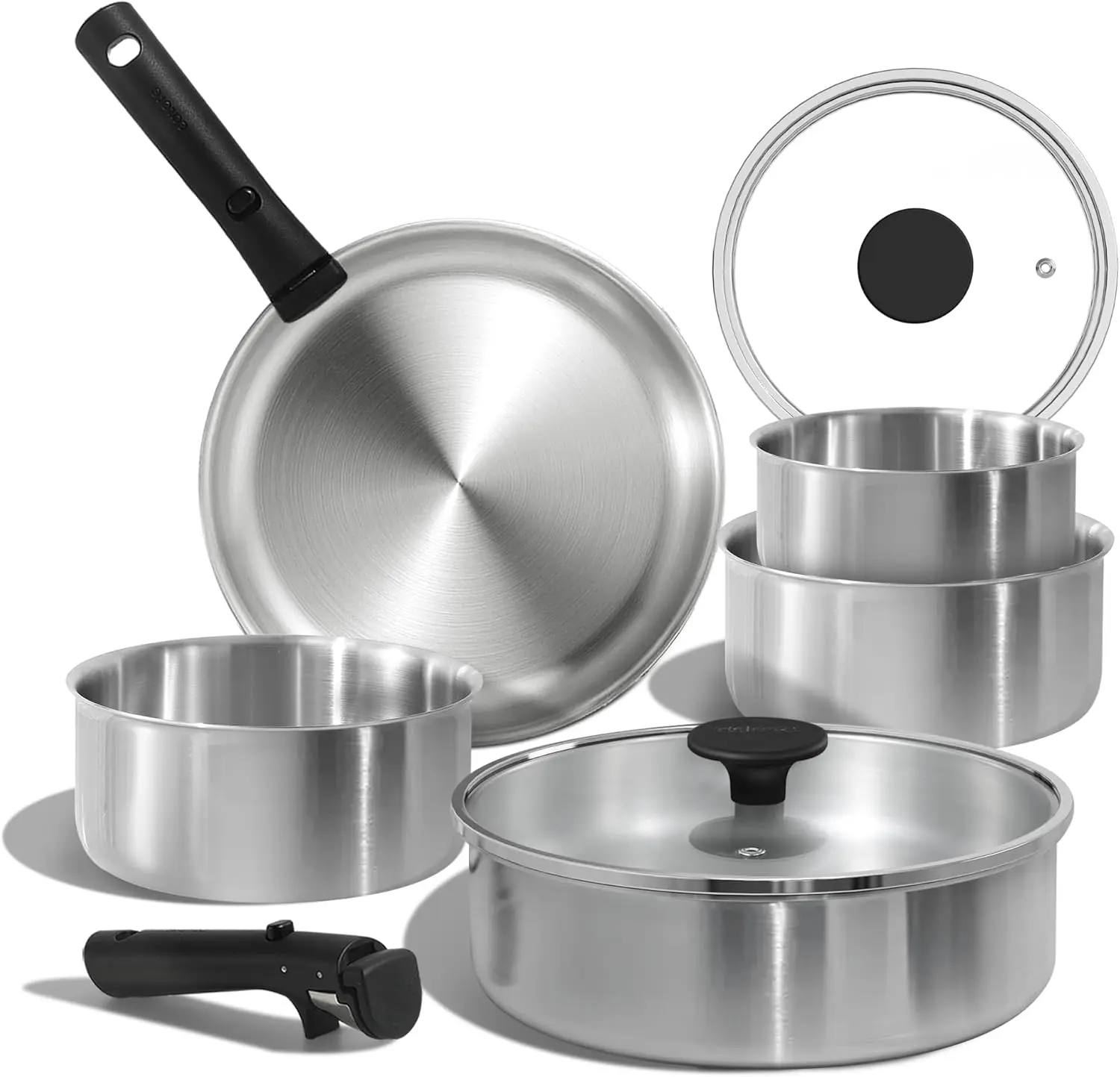 

Pots Pans Set Stainless Steel Cookware Set Detachable Handle 9pcs Induction Kitchen Removable Handle RV Cookware Sets Oven Safe