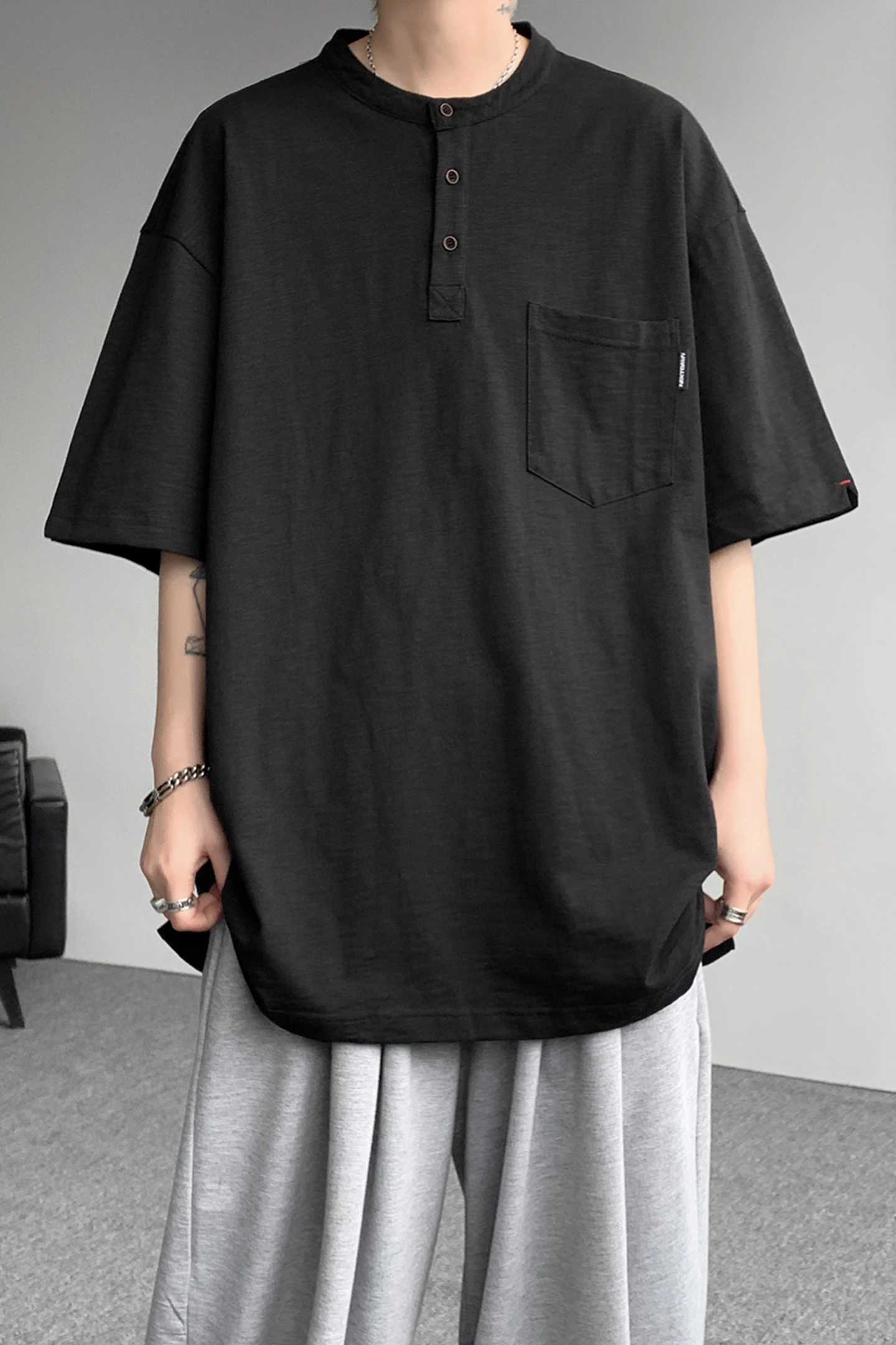 2026 Summer Men's Henry Collar Linen Short-Sleeved T-Shirt - Stretch Large Size Loose Half-Sleeve Hem Design T-Shirt