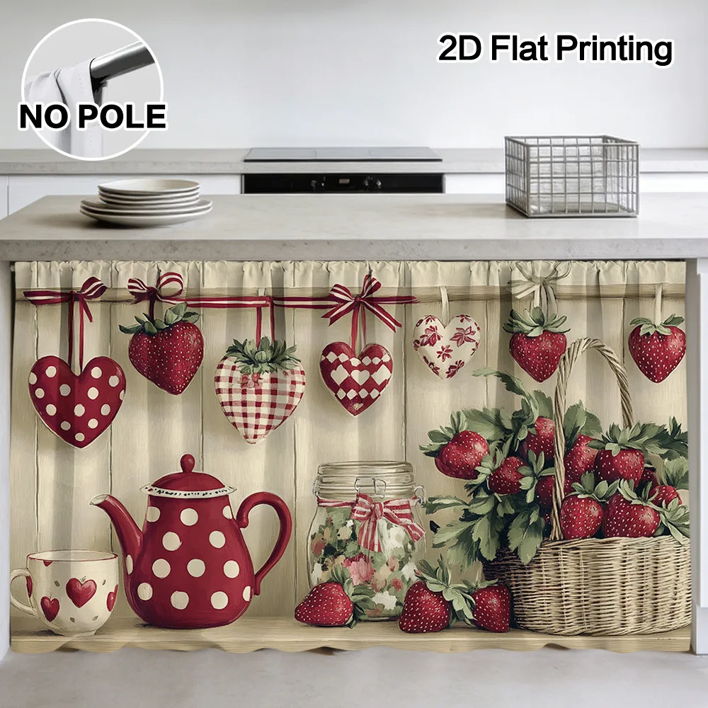 VIKAMA Strawberry Teapot Gingham Kitchen Cabinet Curtain Rod Pocket Window Valance Sink Skirt Tier Panel Christmas Decor