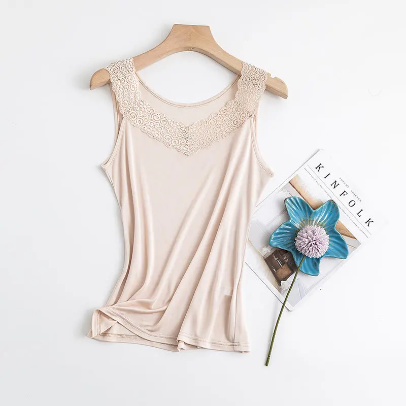 50% Silk 50% Viscose Women Lace Neck Camisole Tank Top Vest Shirt sleeveless Sleepwear M L XL 2XL TG108