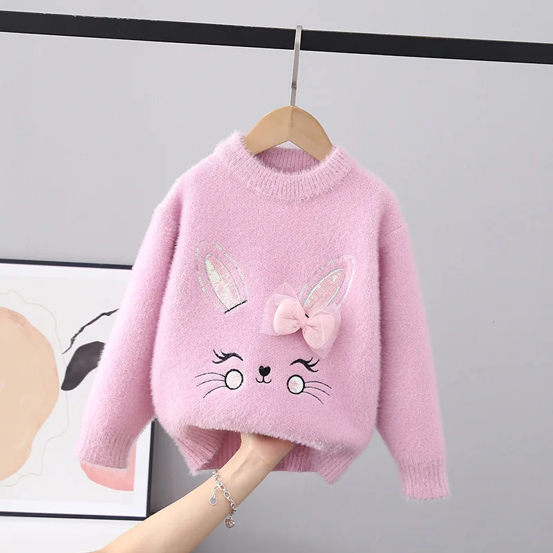 Girls Sweaters Baby Clothes Soft Smooth Flocking Pullover Bunny Bowtie Winter New Rabbit Children Knitted Sweater Child FY10201