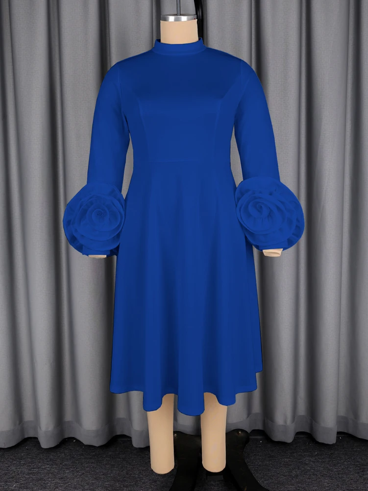 JENYAGE Damen schickes Midikleid mit hohem Kragen und langen Ärmeln, 3D-Rosenblüten-Manschetten, schmal geschnitten, A-Linie, einfarbig, dehnbar, elegantes formelles Partykleid – Detail 10