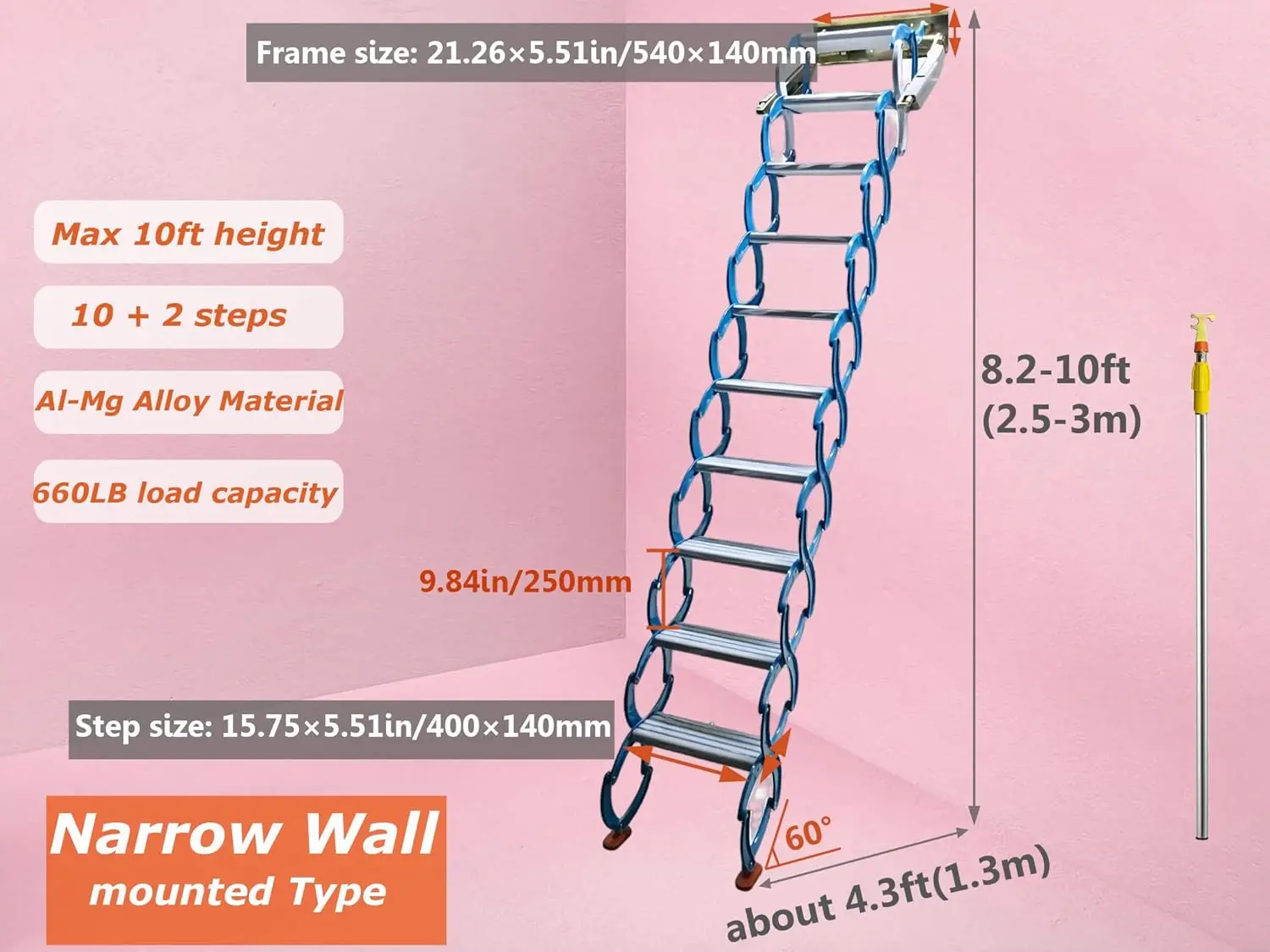 Intsupermai Attic Ladder Loft Stairs 12 Loft Steps Ladder Folding Stairs Foldable Attic Stairs Pull Down With Aluminum Alloy