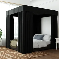 Black Four Corner Post Lightproof Windproof Bed Canopy Bed Curtains Sheer Canopy for Adults Girls Bedroom Windproof Queen/King