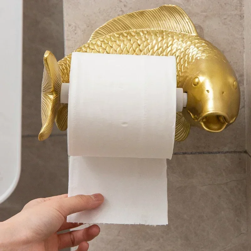 Koi Statue Fish Craft Toilet Paper Holder Towel Rack Wall Hanging Bathroom Household Toilet Paper Rack Free Punching Decoration