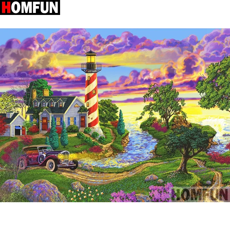 

HOMFUN Diy 5d Diamond Painting "Scenery Sea Car" Cross Stitch Square Round Diamond Embroidery Handwork Rhinestone Art