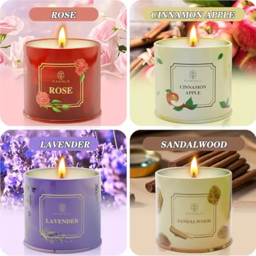 Scented Candles Gift for Women 4 Pack Natural Soy Wax Candles Long Lasting Rose Lavender Sandalwood Apple Cinnamon Fragrance Id