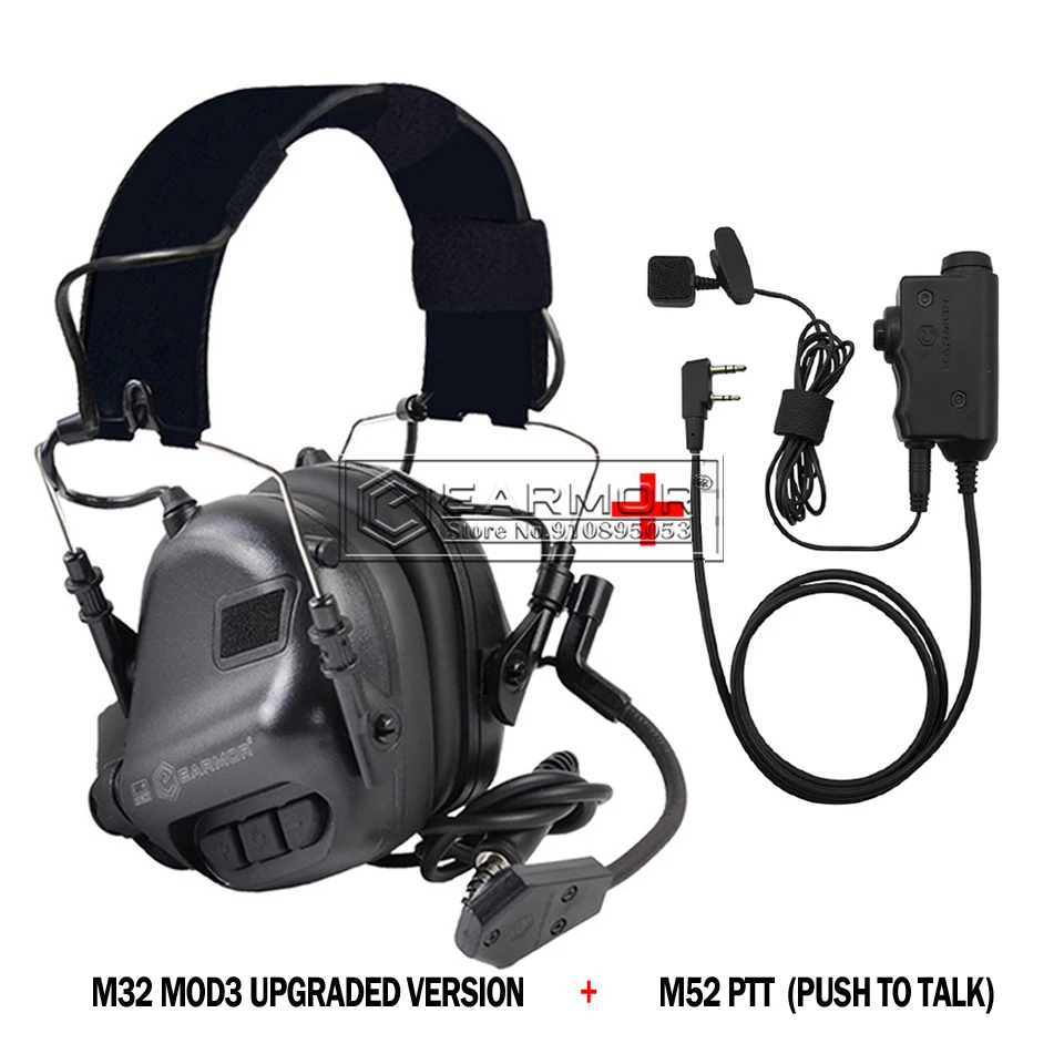 EARMOR M32 MOD3 Tactical Headset Head-mounted & M52 PTT One Set Fit for Shooting Noise Canceling Headphones Extend