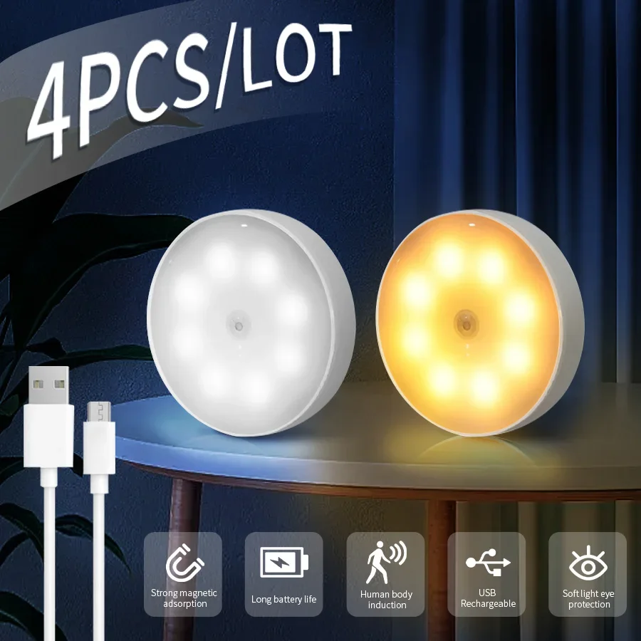 4 pçs usb recarregável sensor de movimento led night light decoração da parede quarto noite lâmpada armário cozinha luzes criança nightlight