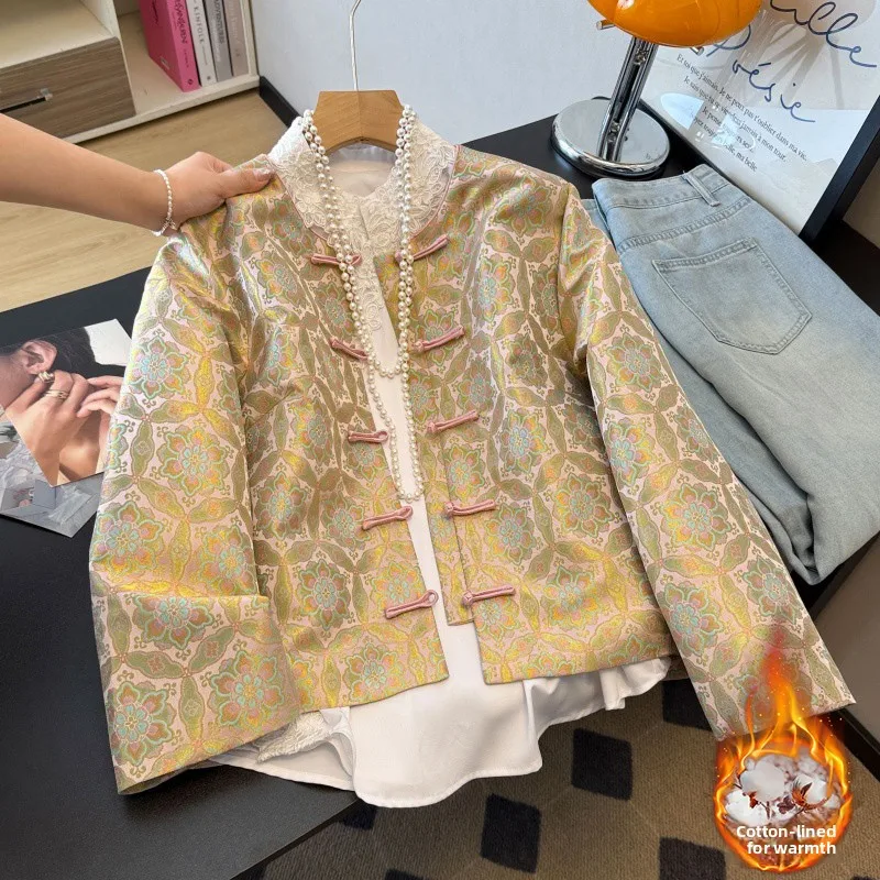 

New Chinese Sle Satin Floral Embroidery Long Sve Cotton Jaet Thi Tang Costume Retro Hanfu Outerwear Women's Faion