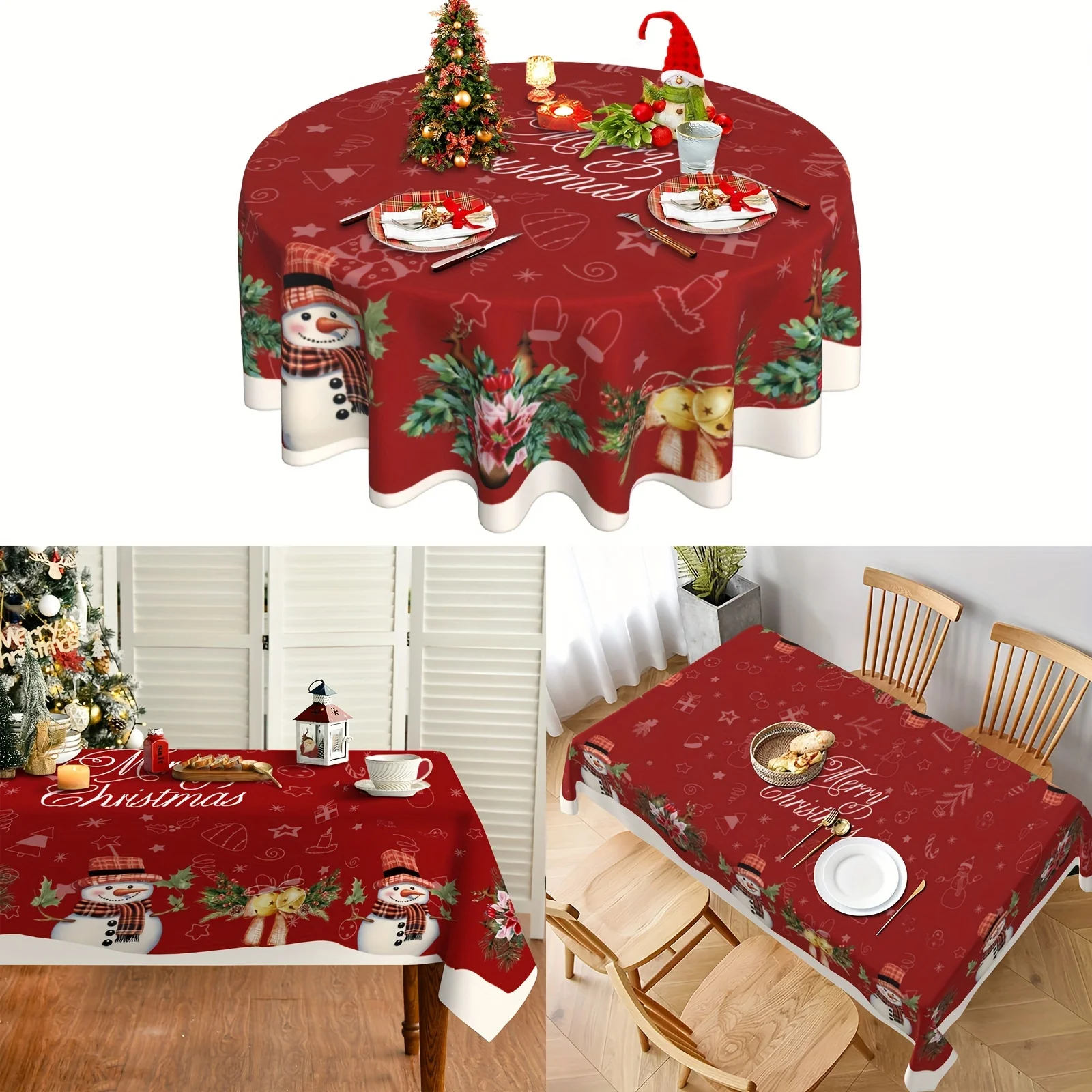 1Pc, Merry Christmas Tablecloth, Christmas Snowman Bell Pattern Tablecloth, Winter Christmas Day Tablecloth