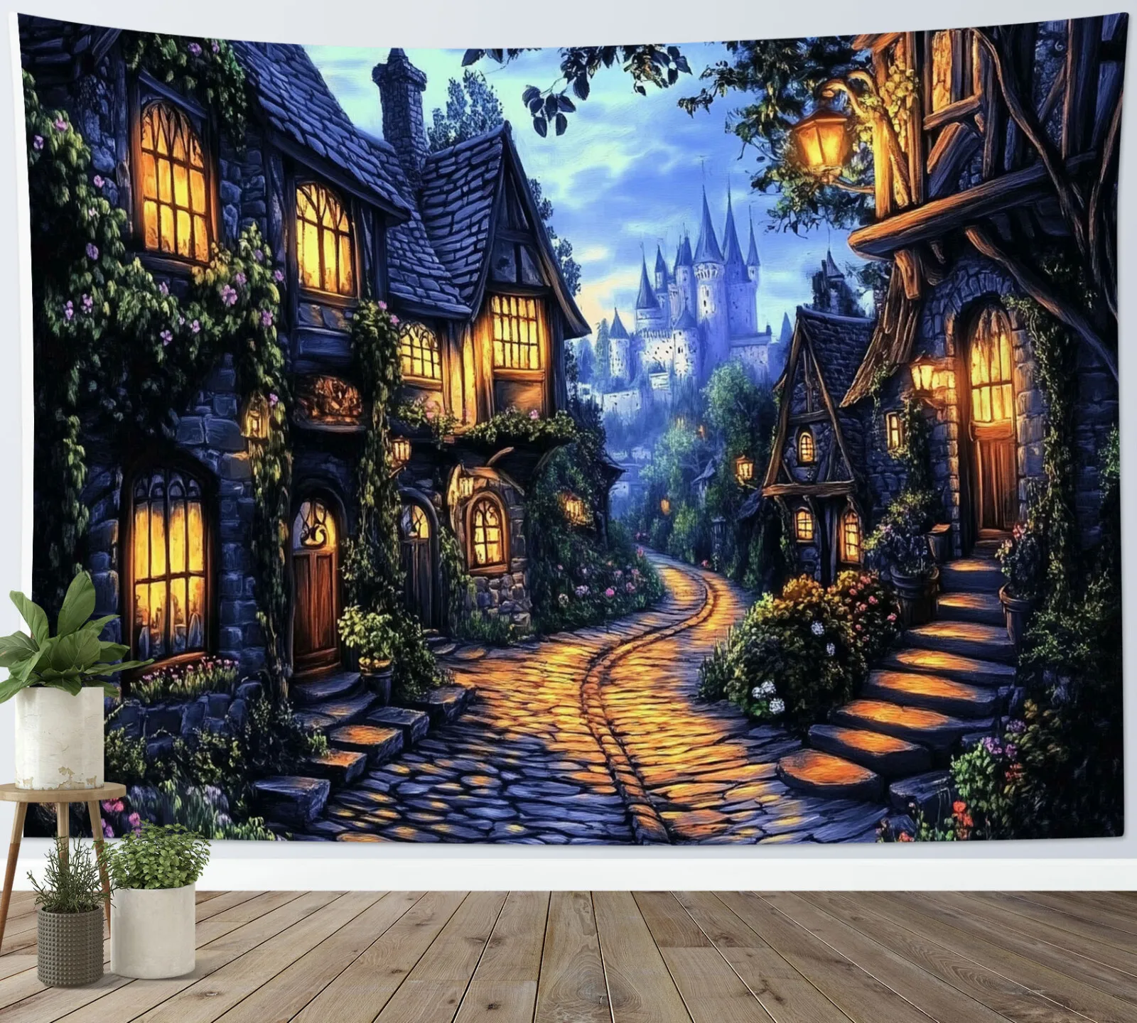 

Зачарованная деревня, гобелен, сказочный замок, ночная сцена, настенный подвесной фэнтезийный домашний декор, бесплатные крючки в комплекте, поднимают свое пространство